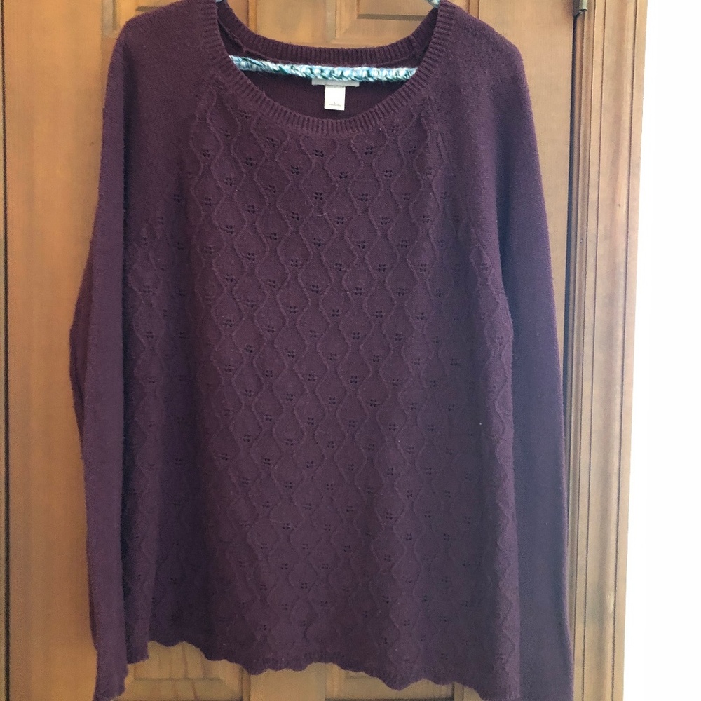 LOFT maroon knit-lace front raglan sleeve sweater, L
